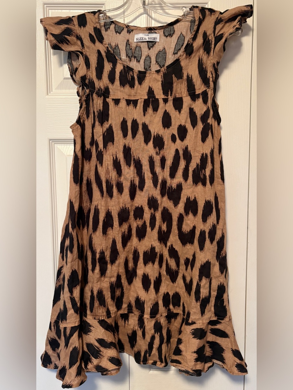 SLEEP + SHIRT Women's Leopard Print Ruffle Sleep Dress in Tan & Black